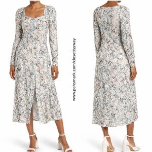 AFRM Mariska Floral Long Sleeves Square Neck Button Front Midi Dress Snake